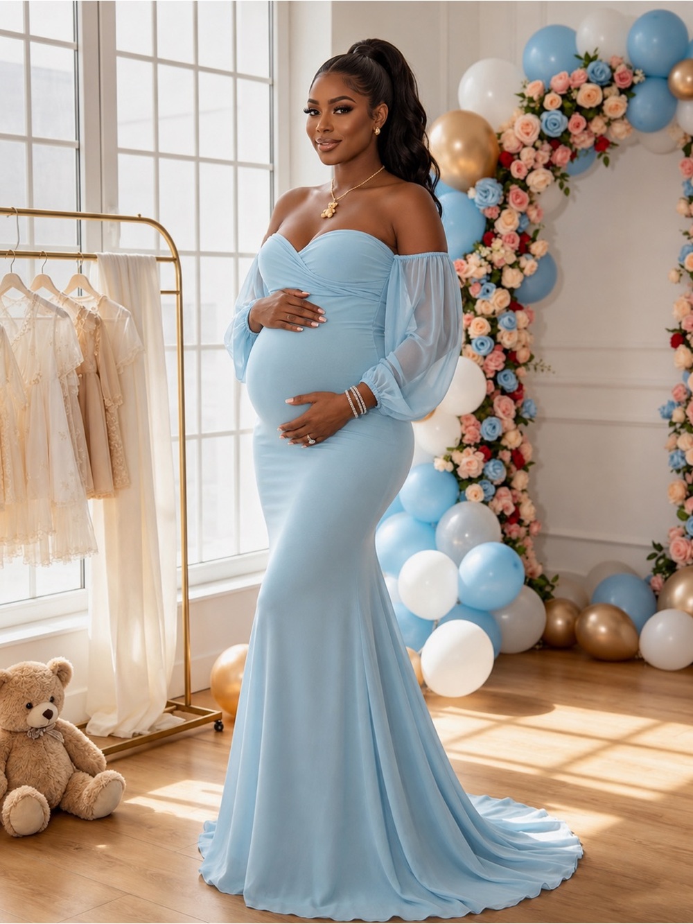 Maternity Off-Shoulder Mermaid Gown Chiffon Sleeve Dress